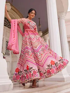 WISHFUL Ethnic Motifs Printed Sequinned Fit & Flare Maxi Ethnic Dress With Dupatta