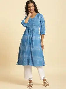 W Floral Woven Design Puffed Sleeves Panelled Pure Cotton A-Line Kurta