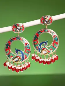 OOMPH Meenakari Kundan Studded & Beaded Peacock Shaped Chandbalis