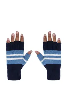 LOOM LEGACY Men Striped Winter Acrylic Woolen Half Finger Hand Gloves