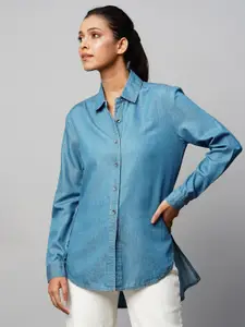Chemistry Blue Shirt Collar Cuffed Sleeves High Low Shirt Style Top