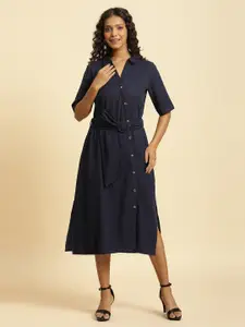 W Shirt Collar Cotton Shirt Midi Dress