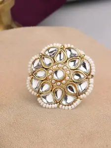 OOMPH Kundan-Studded & Beaded Floral Ethnic Finger Ring