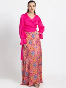 SHAYE Shawl Neck Wrap Crop Top With Printed Long Skirt Co-Ords