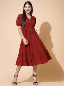 Strong And Brave V-Neck Puff Sleeve Tiered Wrap Midi Dress