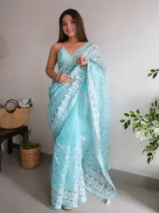 Anouk Blue & White Floral Embroidered Organza Saree