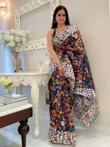 Anouk Black & White Floral Embroidered Organza Saree