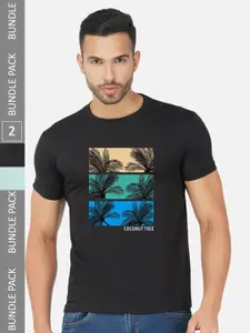 CHOZI Pack Of 2 Graphic Printed Round Neck Cotton T-shirts