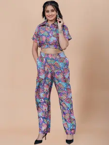 SIDYAL Printed Shirt-Collar Crop Top With Printed Trouser Co-Ords