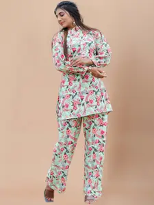 SIDYAL Floral Printed Mandarin Collar Top With Straight Trousers