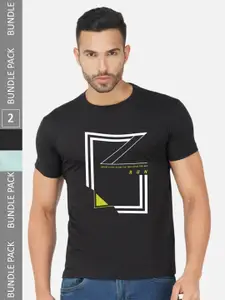 CHOZI Pack Of 2 Typography Printed Round Neck Cotton Casual T-shirt