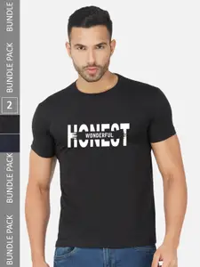 CHOZI Pack Of 2 Typography Printed Round Neck Cotton Casual T-shirt