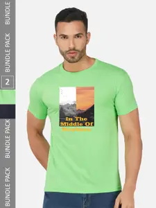 CHOZI Pack Of 2 Graphic Printed Round Neck Cotton Casual T-shirt