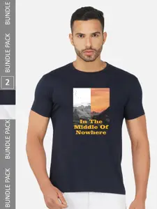 CHOZI Pack Of 2 Typography Printed Round Neck Cotton Casual T-shirt