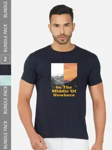 CHOZI Pack Of 2 Typography Printed Round Neck Cotton Casual T-shirt