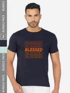 CHOZI Pack Of 2 Typography Printed Round Neck Cotton Casual T-shirt