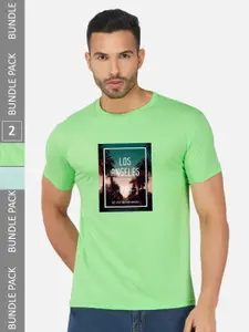 CHOZI Pack Of 2 Graphic Printed Round Neck Cotton Casual T-shirt