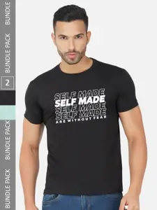 CHOZI Pack Of 2 Typography Printed Round Neck Cotton Casual T-shirt