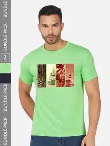 CHOZI Pack Of 2 Graphic Printed Regular Fit Cotton Casual T-shirt