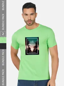 CHOZI Pack Of 2 Graphic Printed Regular Fit Cotton Casual T-shirt