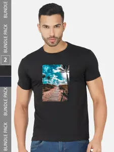 CHOZI Pack Of 2 Graphic Printed Regular Fit Cotton Casual T-shirt
