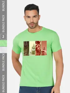 CHOZI Pack Of 2 Graphic Printed Regular Fit Cotton Casual T-shirt