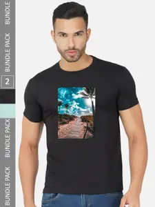CHOZI Pack Of 2 Graphic Printed Regular Fit Cotton Casual T-shirt