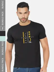 CHOZI Pack of 2 Typography Printed Round Neck Regular Fit Cotton T-Shirt