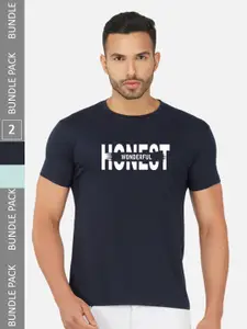 CHOZI Pack of 2 Typography Printed Round Neck Regular Fit Cotton T-Shirt