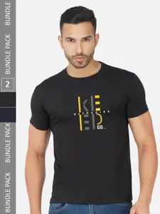 CHOZI Pack of 2 Typography Printed Round Neck Regular Fit Cotton T-Shirt