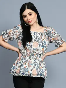 CHARMGAL Floral Printed Puff Sleeve Cinched Waist Top