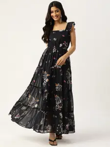 DressBerry Navy Blue & white Floral Printed Square Neck Georgette Maxi Dress