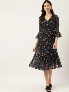 DressBerry Black & Red Floral Printed Bell Sleeve Wrap Midi Dress
