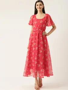 DressBerry Pink Floral Printed Flared Sleeves Chiffon Fit & Flare Midi Dress