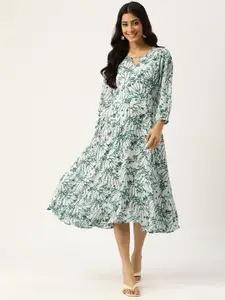 DressBerry Cream & Green Floral Printed Puff Sleeve A-Line Dress