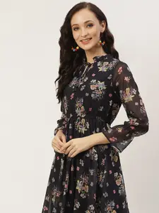 DressBerry Navy Blue Floral Printed Tie-Up Neck Pleated Georgette Fit & Flare Midi Dress