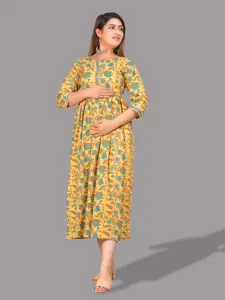 UNIBLISS Floral Printed Cotton Maternity Feeding A-Line Midi Dress