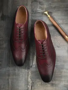 House of Pataudi Men Perforated Leather Formal Brogues