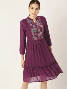 DressBerry Floral Embroidered Puff Sleeve Georgette Fit & Flare Dress