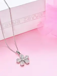 Zavya Women Floral Rhodium-Plated CZ Studded 925 Pure Sterling Silver Pendant with Chain