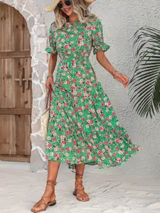 StyleCast Green Floral Printed Puff Sleeves Tiered Detailed Fit & Flare Midi Dress