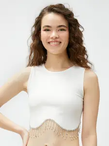 Koton Ribbed Embellished Hem Sleeveless Fitted Crop Top