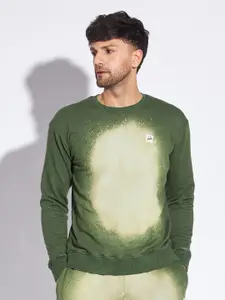 FUGAZEE Olive Green Abstract Printed Cotton Oversized Pullover Sweatshirt