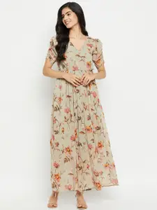 Ruhaans Floral Print Flutter Sleeve Georgette Maxi Dress