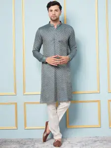 See Designs Geometric Woven Design Mandarin Collar Straight Kurta with Pyjamas