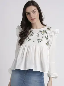 Splash Women Off-White Embroidered A-Line Pure Cotton Top with Ruffles