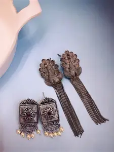 ATIBELLE Set of 2 Silver Plated Pearl Peacock & Floral Shaped Tasselled Drop Earrings