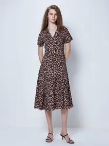 COVER STORY Brown Animal Printed V-Neck Belted A-Line Midi Dress