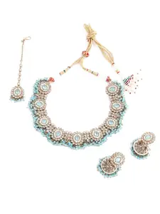 ODETTE Gold-Plated Kundan-Studded & Beaded Traditional Necklace Jewellery Set