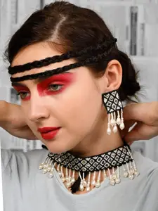 ODETTE Stone-Studded & Pearl Beaded Monochrome Tribal Choker Necklace & Earring